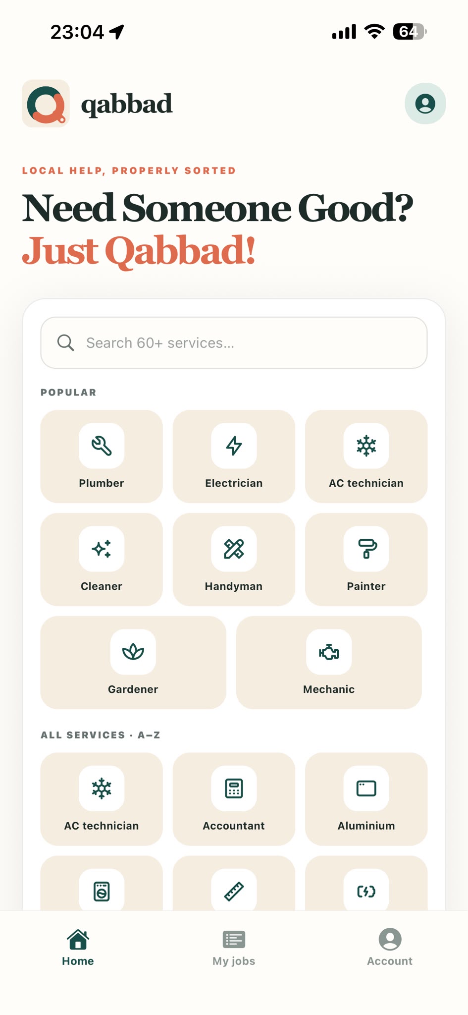 The Qabbad app — pick a service and post your job